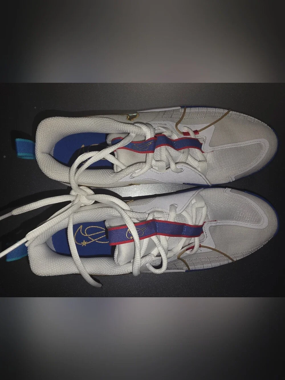 Brand New Nike 6.5Y White Sneakers with Holographic Gold Swoosh and Blue. No Box